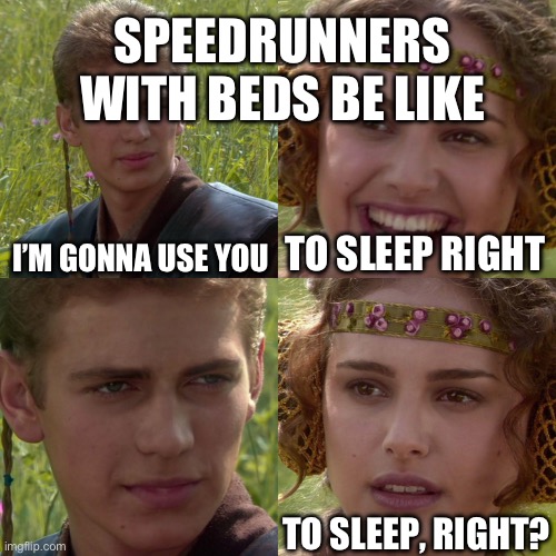 Anakin Padme 4 Panel | SPEEDRUNNERS WITH BEDS BE LIKE; I’M GONNA USE YOU; TO SLEEP RIGHT; TO SLEEP, RIGHT? | image tagged in anakin padme 4 panel | made w/ Imgflip meme maker