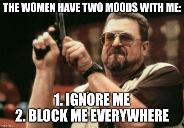 i am loser | THE WOMEN HAVE TWO MOODS WITH ME:; 1. IGNORE ME
2. BLOCK ME EVERYWHERE | image tagged in memes,am i the only one around here | made w/ Imgflip meme maker