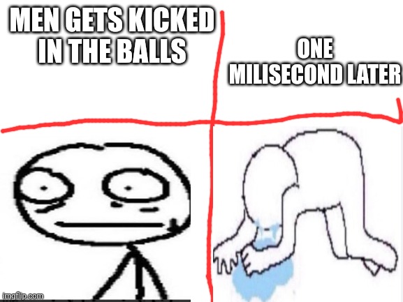 Blank White Template | MEN GETS KICKED IN THE BALLS; ONE MILISECOND LATER | image tagged in blank white template | made w/ Imgflip meme maker