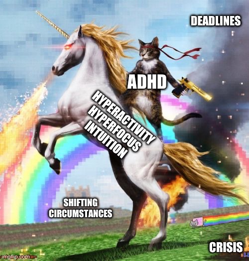Adhd | DEADLINES; ADHD; HYPERACTIVITY
HYPERFOCUS
INTUITION; SHIFTING CIRCUMSTANCES; CRISIS | image tagged in memes,welcome to the internets,adhd | made w/ Imgflip meme maker