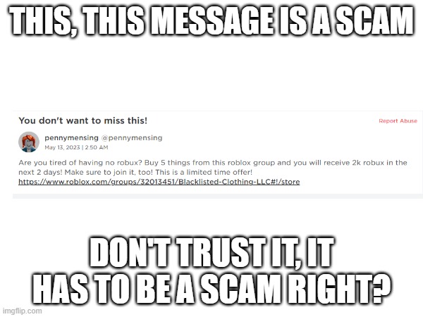 dont trust this message from this roblox player its a scam they will try to hack your account | THIS, THIS MESSAGE IS A SCAM; DON'T TRUST IT, IT HAS TO BE A SCAM RIGHT? | image tagged in internet scam,nuh uh,roblox scam,dont scam,roblox internet scam,remove bots | made w/ Imgflip meme maker