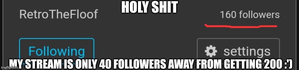 :D | HOLY SHIT; MY STREAM IS ONLY 40 FOLLOWERS AWAY FROM GETTING 200 :') | made w/ Imgflip meme maker