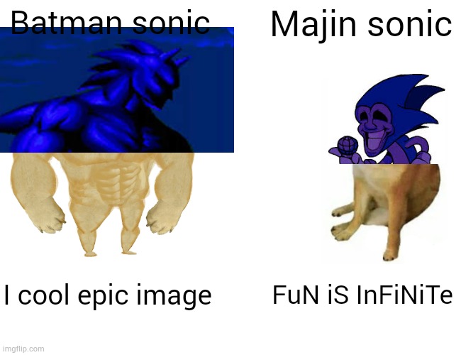 He not even scary | Batman sonic; Majin sonic; I cool epic image; FuN iS InFiNiTe | image tagged in memes,buff doge vs cheems,sonic the hedgehog | made w/ Imgflip meme maker
