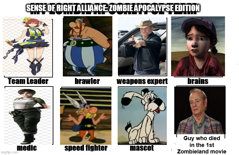 Asterix fans' reaction to Lily Hoshikawa's gender reveal is worse than the 1st 2 live action Asterix movies combined | SENSE OF RIGHT ALLIANCE: ZOMBIE APOCALYPSE EDITION; Guy who died in the 1st Zombieland movie | image tagged in my zombie apocalypse team,asterix,the walking dead,resident evil | made w/ Imgflip meme maker