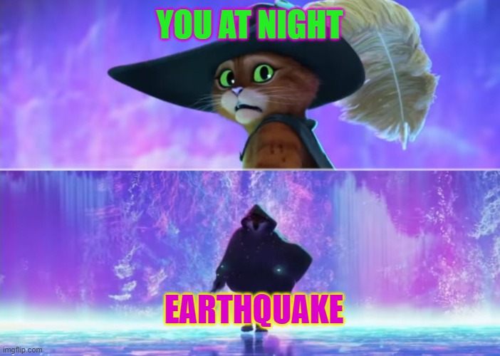 Puss and boots scared | YOU AT NIGHT; EARTHQUAKE | image tagged in puss and boots scared | made w/ Imgflip meme maker