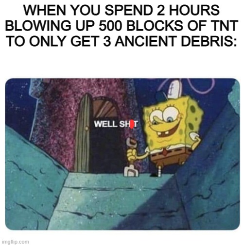 Happens too often :/ | WHEN YOU SPEND 2 HOURS BLOWING UP 500 BLOCKS OF TNT TO ONLY GET 3 ANCIENT DEBRIS: | image tagged in well shit spongebob edition | made w/ Imgflip meme maker