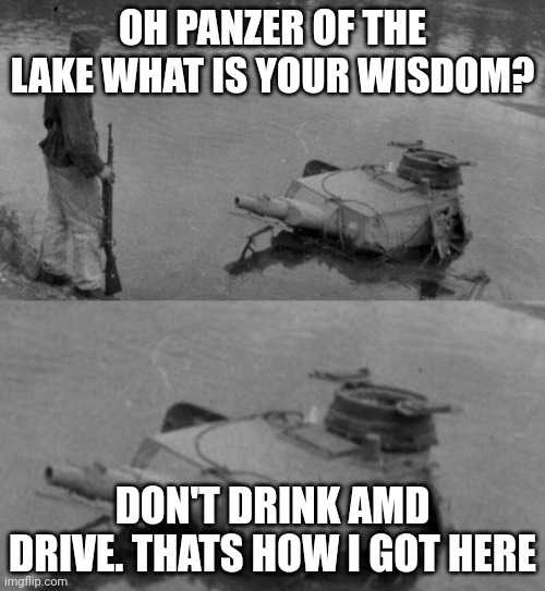 Panzer of the deep | OH PANZER OF THE LAKE WHAT IS YOUR WISDOM? DON'T DRINK AMD DRIVE. THATS HOW I GOT HERE | image tagged in panzer of the deep | made w/ Imgflip meme maker