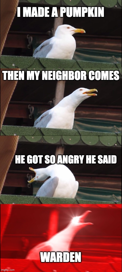 Inhaling Seagull | I MADE A PUMPKIN; THEN MY NEIGHBOR COMES; HE GOT SO ANGRY HE SAID; WARDEN | image tagged in memes,inhaling seagull | made w/ Imgflip meme maker