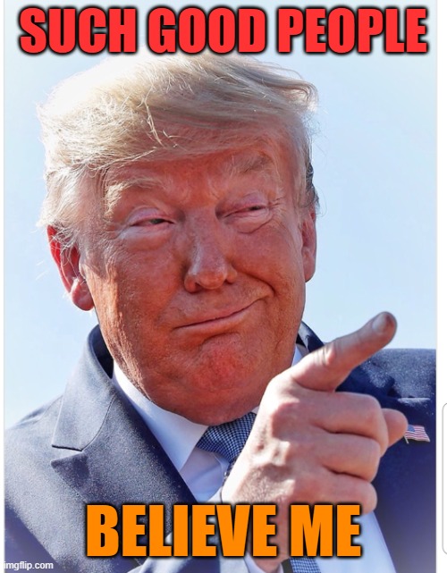 Trump pointing | SUCH GOOD PEOPLE BELIEVE ME | image tagged in trump pointing | made w/ Imgflip meme maker