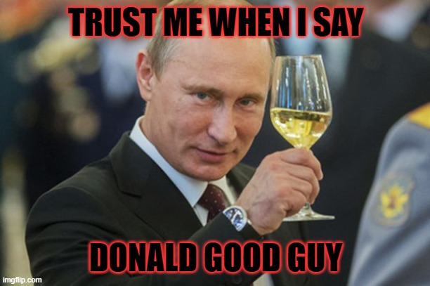 Putin Cheers | TRUST ME WHEN I SAY DONALD GOOD GUY | image tagged in putin cheers | made w/ Imgflip meme maker