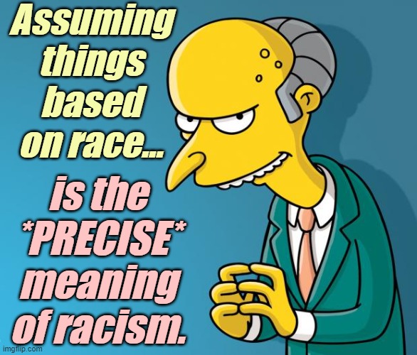 Mr. Burns | Assuming things based on race... is the *PRECISE* meaning of racism. | image tagged in mr burns | made w/ Imgflip meme maker