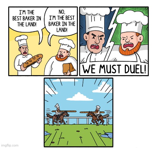 A duel of the bakers | image tagged in duel,bakers,bake,bread,comics,comics/cartoons | made w/ Imgflip meme maker