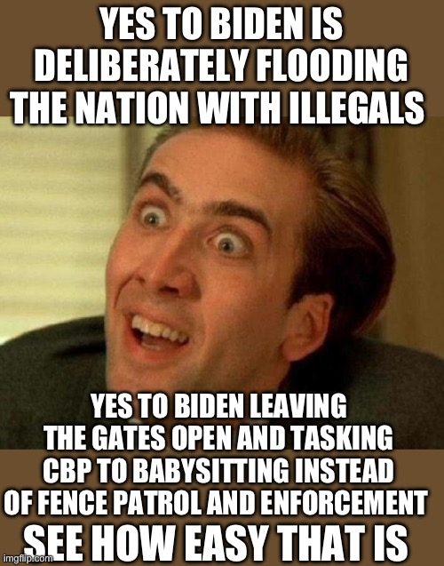 Nicolas cage | YES TO BIDEN IS DELIBERATELY FLOODING THE NATION WITH ILLEGALS YES TO BIDEN LEAVING THE GATES OPEN AND TASKING CBP TO BABYSITTING INSTEAD OF | image tagged in nicolas cage | made w/ Imgflip meme maker