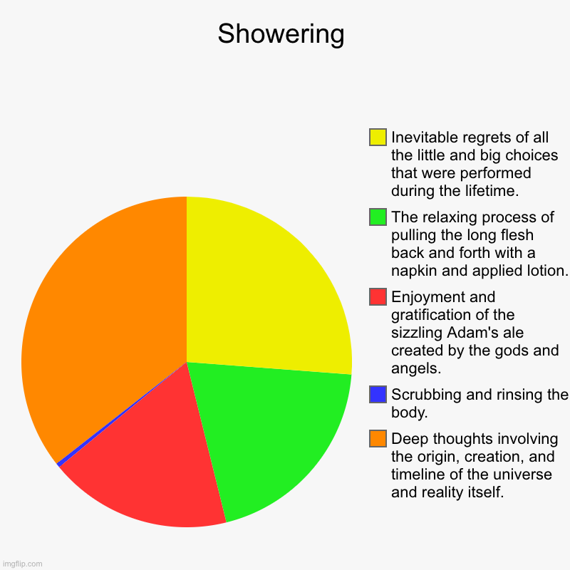 Shower time be like: | Showering | Deep thoughts involving the origin, creation, and timeline of the universe and reality itself., Scrubbing and rinsing the body., | image tagged in charts,pie charts | made w/ Imgflip chart maker