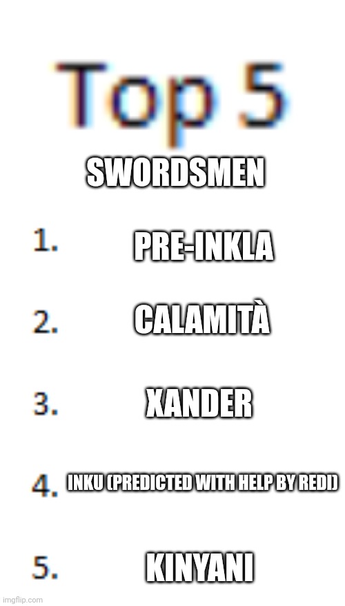 And no AustraliaMan, you aren't making any better swordsmen than the Inklas | SWORDSMEN; PRE-INKLA; CALAMITÀ; XANDER; INKU (PREDICTED WITH HELP BY REDI); KINYANI | image tagged in top 5 list | made w/ Imgflip meme maker