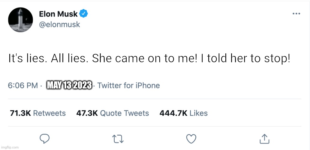Elon Musk Blank Tweet | It's lies. All lies. She came on to me! I told her to stop! MAY 13 2023 | image tagged in elon musk blank tweet | made w/ Imgflip meme maker