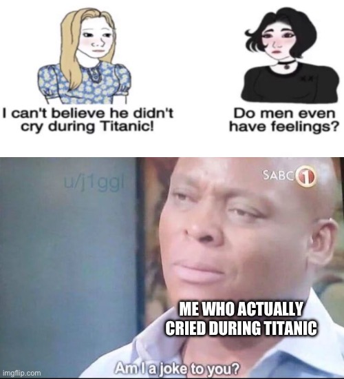 I seriously did, but I love the film | ME WHO ACTUALLY CRIED DURING TITANIC | image tagged in am i a joke to you,memes,titanic,crying | made w/ Imgflip meme maker