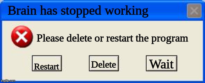 Windows xp error | Brain has stopped working Restart Please delete or restart the program Delete Wait | image tagged in windows xp error | made w/ Imgflip meme maker