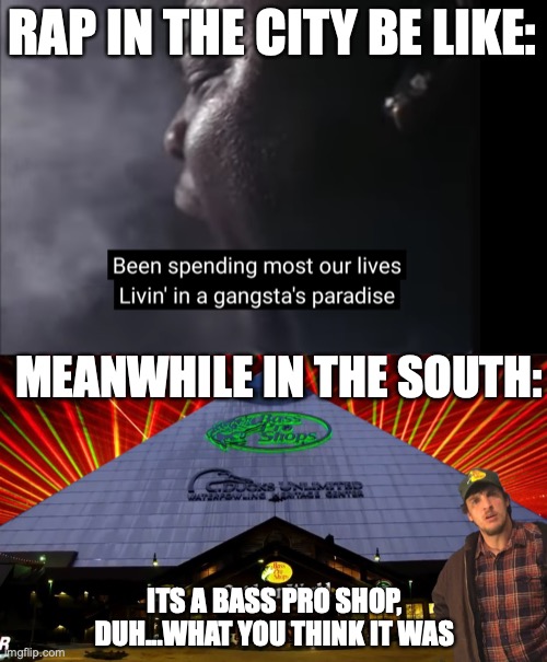 Its such a funny song | RAP IN THE CITY BE LIKE:; MEANWHILE IN THE SOUTH:; ITS A BASS PRO SHOP, DUH...WHAT YOU THINK IT WAS | image tagged in rap,southern,music | made w/ Imgflip meme maker