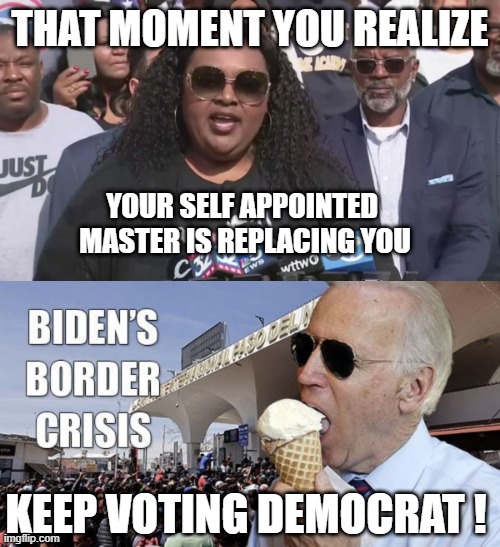THAT MOMENT YOU REALIZE; YOUR SELF APPOINTED 
MASTER IS REPLACING YOU; KEEP VOTING DEMOCRAT ! | made w/ Imgflip meme maker
