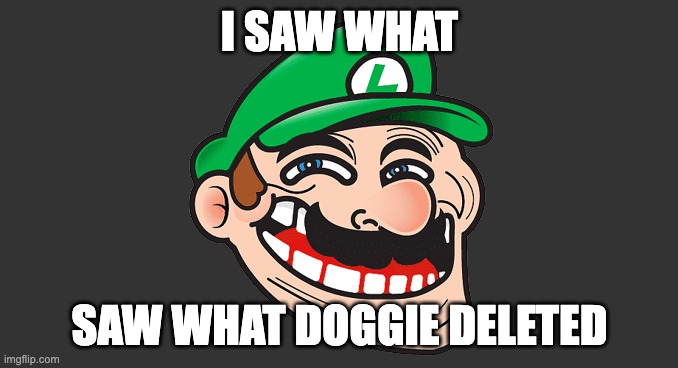 Luigi Troll Face | I SAW WHAT; SAW WHAT DOGGIE DELETED | image tagged in luigi troll face | made w/ Imgflip meme maker