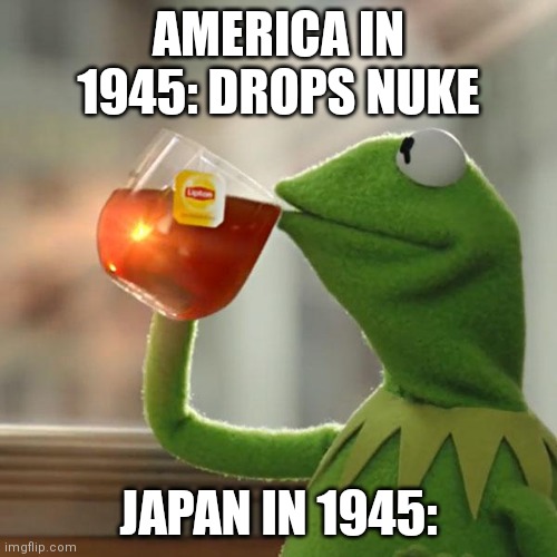 Wdym? America drop the first nuke, who cares? | AMERICA IN 1945: DROPS NUKE; JAPAN IN 1945: | image tagged in memes,but that's none of my business,kermit the frog,who cares | made w/ Imgflip meme maker