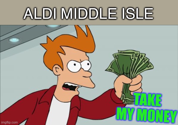 Shut Up And Take My Money Fry Meme | ALDI MIDDLE ISLE TAKE MY MONEY | image tagged in memes,shut up and take my money fry | made w/ Imgflip meme maker