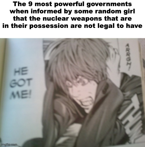 oh no whatever will they do! | The 9 most powerful governments when informed by some random girl that the nuclear weapons that are in their possession are not legal to have | image tagged in he got me | made w/ Imgflip meme maker