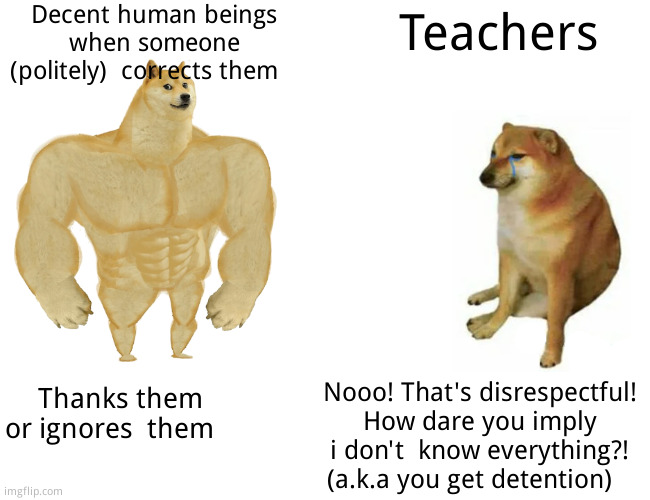 And when they aren't calling you names, they're whining about money | Decent human beings when someone (politely)  corrects them; Teachers; Thanks them or ignores  them; Nooo! That's disrespectful! How dare you imply i don't  know everything?! (a.k.a you get detention) | image tagged in memes,buff doge vs cheems,funny memes,school days | made w/ Imgflip meme maker