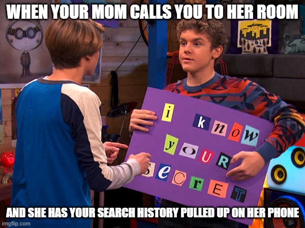 Mom, it's not what it looks like | WHEN YOUR MOM CALLS YOU TO HER ROOM; AND SHE HAS YOUR SEARCH HISTORY PULLED UP ON HER PHONE | image tagged in henry danger,search history | made w/ Imgflip meme maker