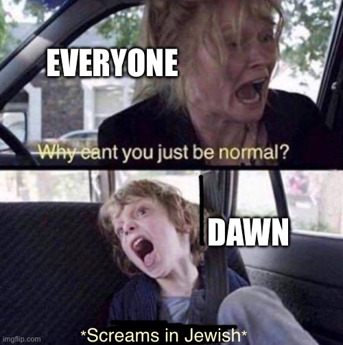 Why Can't You Just Be Normal | EVERYONE; DAWN; *Screams in Jewish* | image tagged in why can't you just be normal | made w/ Imgflip meme maker