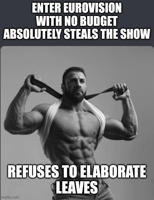 Refuses to elaborate any further | ENTER EUROVISION WITH NO BUDGET
ABSOLUTELY STEALS THE SHOW; REFUSES TO ELABORATE
LEAVES | image tagged in refuses to elaborate any further | made w/ Imgflip meme maker