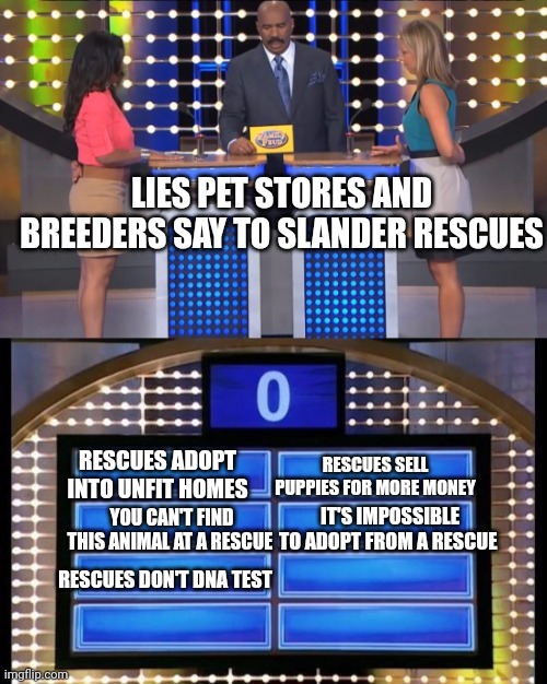 If I had a nickel for every time people lied about rescues. I'd be rich | LIES PET STORES AND BREEDERS SAY TO SLANDER RESCUES; RESCUES ADOPT INTO UNFIT HOMES; RESCUES SELL PUPPIES FOR MORE MONEY; IT'S IMPOSSIBLE TO ADOPT FROM A RESCUE; YOU CAN'T FIND THIS ANIMAL AT A RESCUE; RESCUES DON'T DNA TEST | image tagged in family feud steve harvey | made w/ Imgflip meme maker