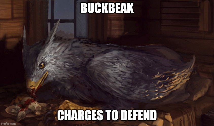 Buckbeak | BUCKBEAK; CHARGES TO DEFEND | image tagged in buckbeak | made w/ Imgflip meme maker