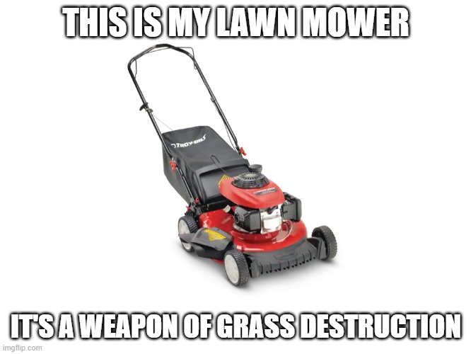 Weapon of grass destruction | THIS IS MY LAWN MOWER; IT'S A WEAPON OF GRASS DESTRUCTION | image tagged in lawnmower,grass,eyeroll,pun,puns,dad joke | made w/ Imgflip meme maker