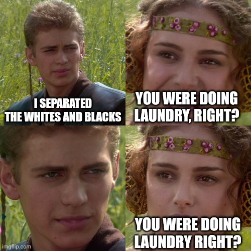 What's laundry | I SEPARATED THE WHITES AND BLACKS; YOU WERE DOING LAUNDRY, RIGHT? YOU WERE DOING LAUNDRY RIGHT? | image tagged in anakin padme 4 panel | made w/ Imgflip meme maker