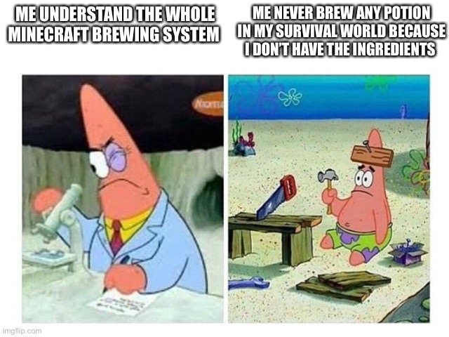 Thanks to Lag | ME UNDERSTAND THE WHOLE MINECRAFT BREWING SYSTEM; ME NEVER BREW ANY POTION IN MY SURVIVAL WORLD BECAUSE I DON’T HAVE THE INGREDIENTS | image tagged in patrick scientist vs nail | made w/ Imgflip meme maker