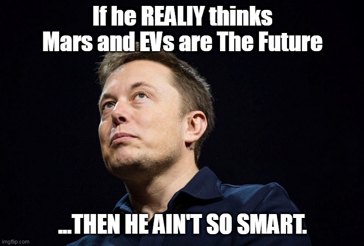 Which is it? | If he REALlY thinks Mars and EVs are The Future; ...THEN HE AIN'T SO SMART. | image tagged in elon musk | made w/ Imgflip meme maker