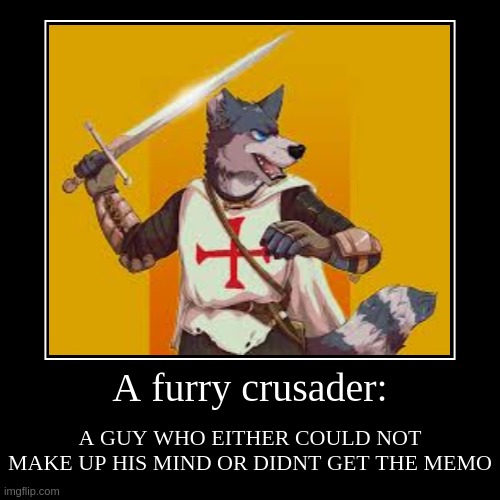 A furry crusader: | A GUY WHO EITHER COULD NOT MAKE UP HIS MIND OR DIDNT GET THE MEMO | image tagged in funny,demotivationals | made w/ Imgflip demotivational maker