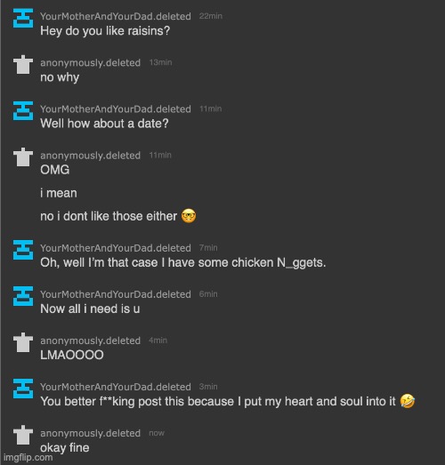 some of yalls rizz is insane (hold on delted i'll post you next the world needs to see your mad rizz) | made w/ Imgflip meme maker