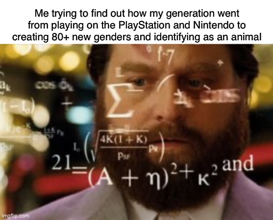 When did it go wrong | Me trying to find out how my generation went from playing on the PlayStation and Nintendo to creating 80+ new genders and identifying as an animal | image tagged in trying to calculate how much sleep i can get,memes | made w/ Imgflip meme maker