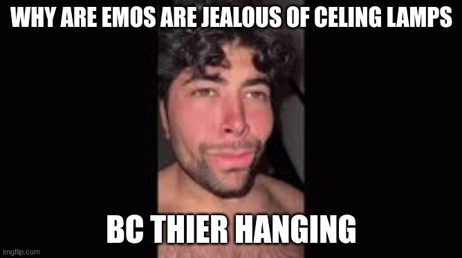 ? | WHY ARE EMOS ARE JEALOUS OF CELING LAMPS; BC THIER HANGING | image tagged in sigma | made w/ Imgflip meme maker