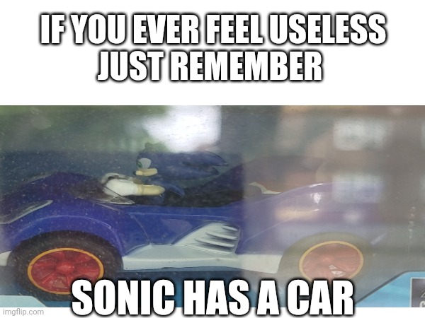 Why does he though | IF YOU EVER FEEL USELESS
JUST REMEMBER; SONIC HAS A CAR | image tagged in sonic,car,why | made w/ Imgflip meme maker