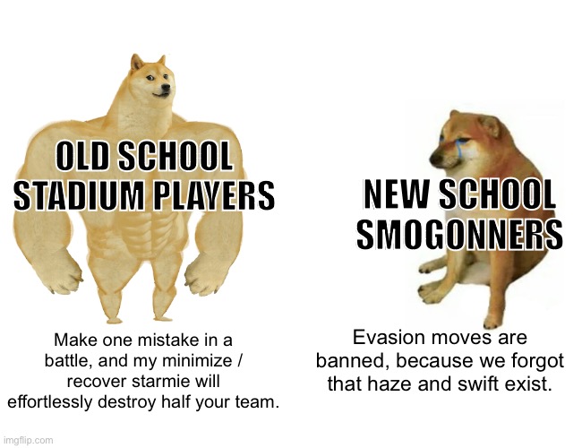 Buff Doge vs. Cheems Meme | OLD SCHOOL STADIUM PLAYERS; NEW SCHOOL SMOGONNERS; Evasion moves are banned, because we forgot that haze and swift exist. Make one mistake in a battle, and my minimize / recover starmie will effortlessly destroy half your team. | image tagged in memes,buff doge vs cheems,pokemon,gen 1,pokemon stadium,smogon | made w/ Imgflip meme maker