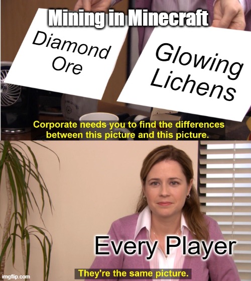 They're The Same Picture | Mining in Minecraft; Diamond Ore; Glowing Lichens; Every Player | image tagged in memes,they're the same picture | made w/ Imgflip meme maker