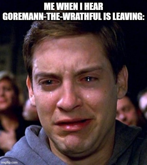 crying peter parker | ME WHEN I HEAR GOREMANN-THE-WRATHFUL IS LEAVING: | image tagged in crying peter parker | made w/ Imgflip meme maker