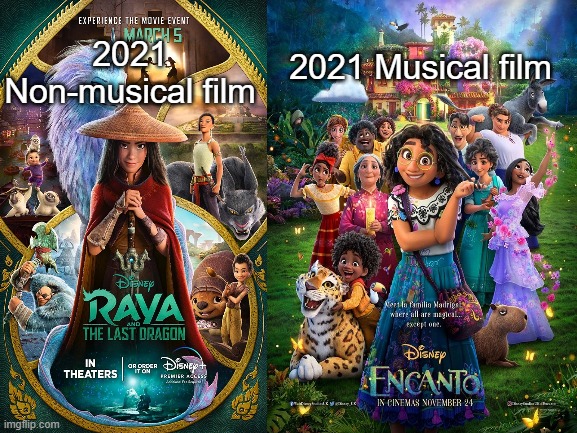 Non-musical film vs. Musical film | 2021 Non-musical film; 2021 Musical film | image tagged in encanto | made w/ Imgflip meme maker