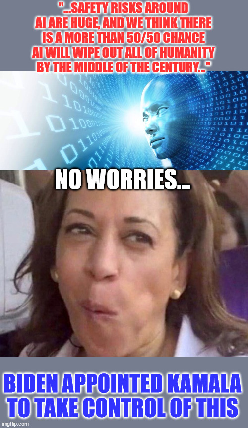 50 - 50... Whatever can go wrong...  She did such a bang up job with the border... | "...SAFETY RISKS AROUND AI ARE HUGE, AND WE THINK THERE IS A MORE THAN 50/50 CHANCE AI WILL WIPE OUT ALL OF HUMANITY BY THE MIDDLE OF THE CENTURY..."; NO WORRIES... BIDEN APPOINTED KAMALA TO TAKE CONTROL OF THIS | image tagged in artificial intelligence,kamala harris,what could go wrong | made w/ Imgflip meme maker