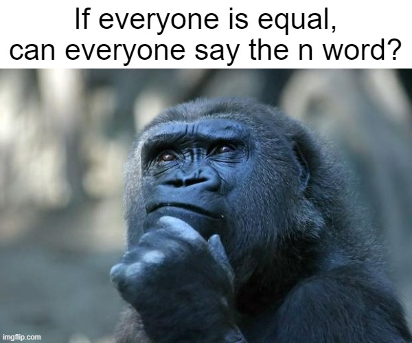 People who sell N-word passes at school are out of buisiness | If everyone is equal, can everyone say the n word? | image tagged in deep thoughts,memes,n word,everyone,equality | made w/ Imgflip meme maker