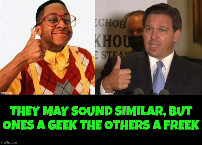 Geek vs Freek | THEY MAY SOUND SIMILAR, BUT ONES A GEEK THE OTHERS A FREEK | image tagged in rondo,urkel,freaky,geeky,florida,desantis | made w/ Imgflip meme maker